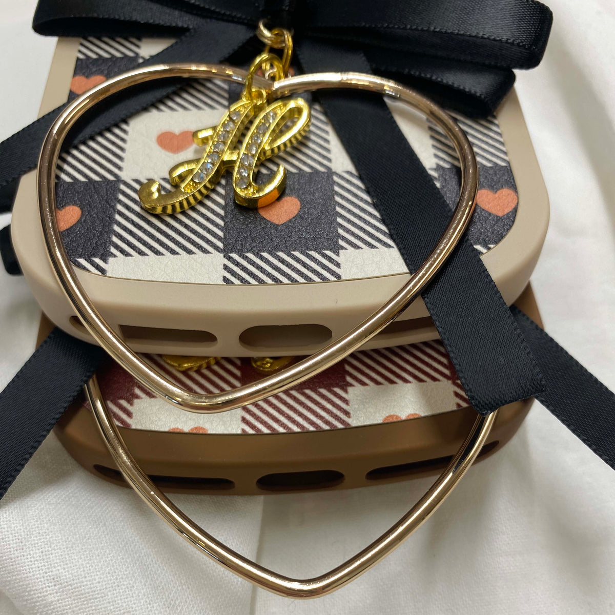 box heart check leather hoop ribbon